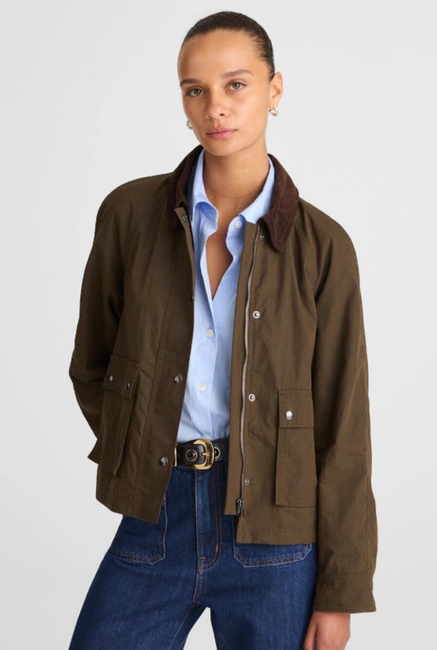 Madewell Billie Short Jacket Full Zip Snap Button Collar Trench Green Size M NWI